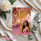 Digital 19th Birthday Invitation with photo Rose Gold Pink Nineteenth Birthday Dinner Template, Elegant Woman Brunch Party Floral Invite