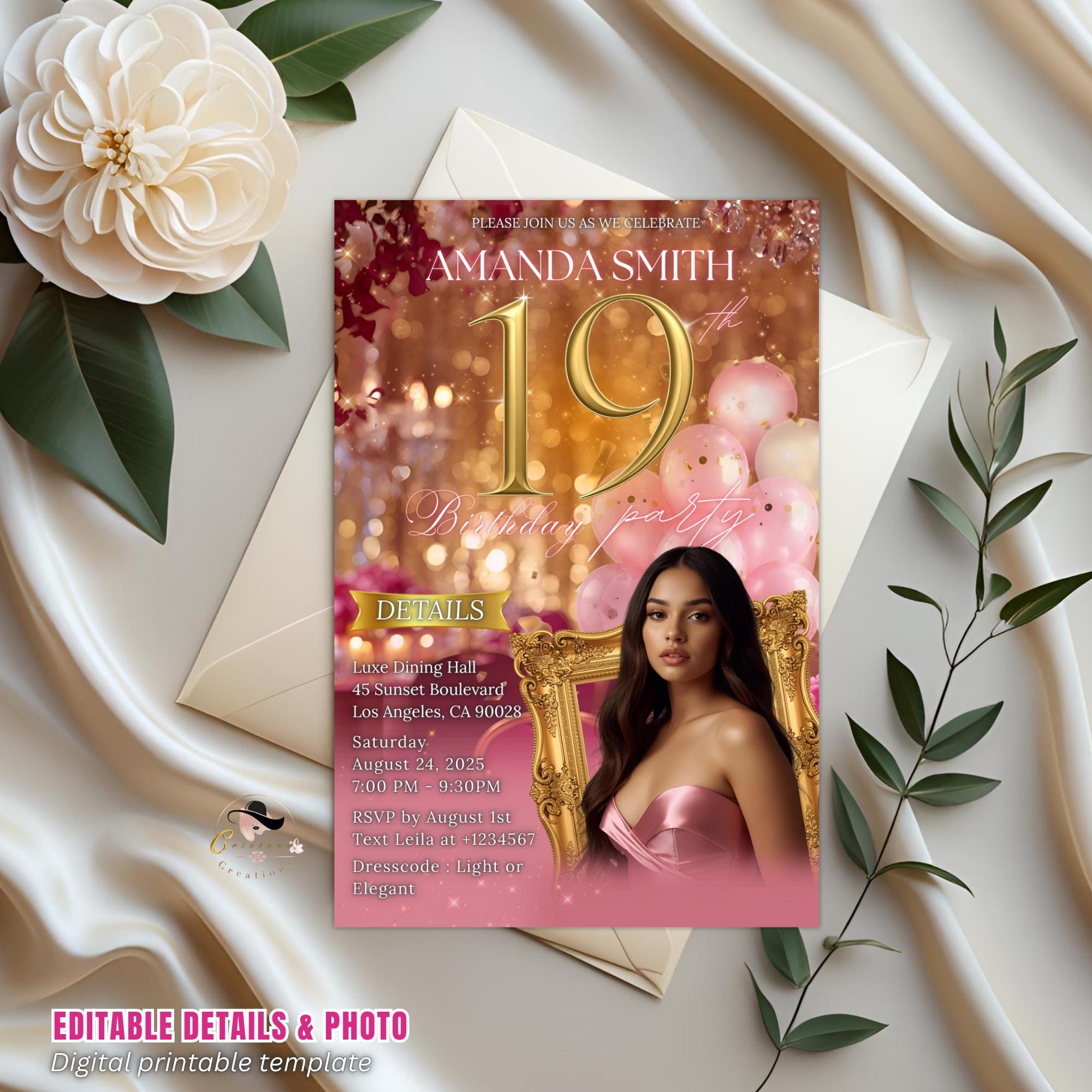Digital 19th Birthday Invitation with photo Rose Gold Pink Nineteenth Birthday Dinner Template, Elegant Woman Brunch Party Floral Invite