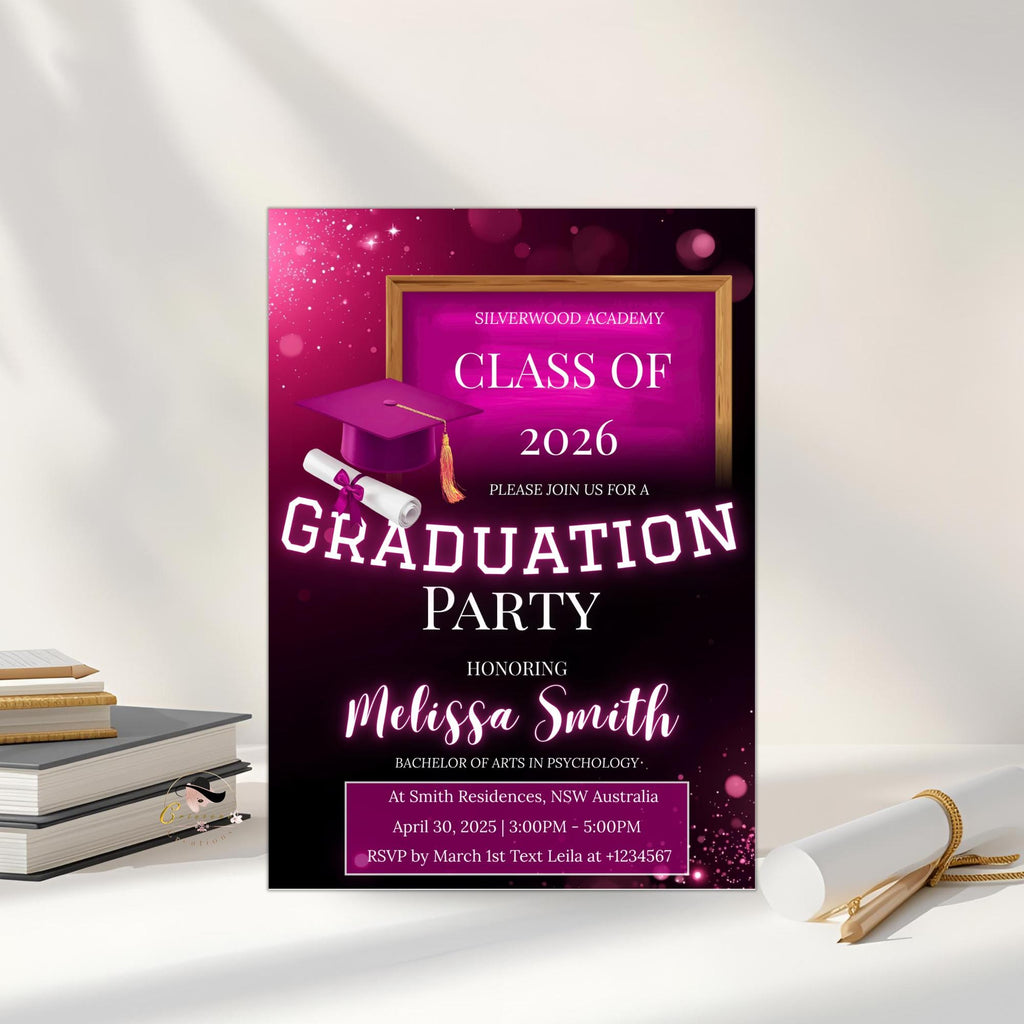 Digital Graduation Party Invitation Pink Black Class of 2026 Senior Graduation Dinner invite, Elegant College Graduate Announcement Template
