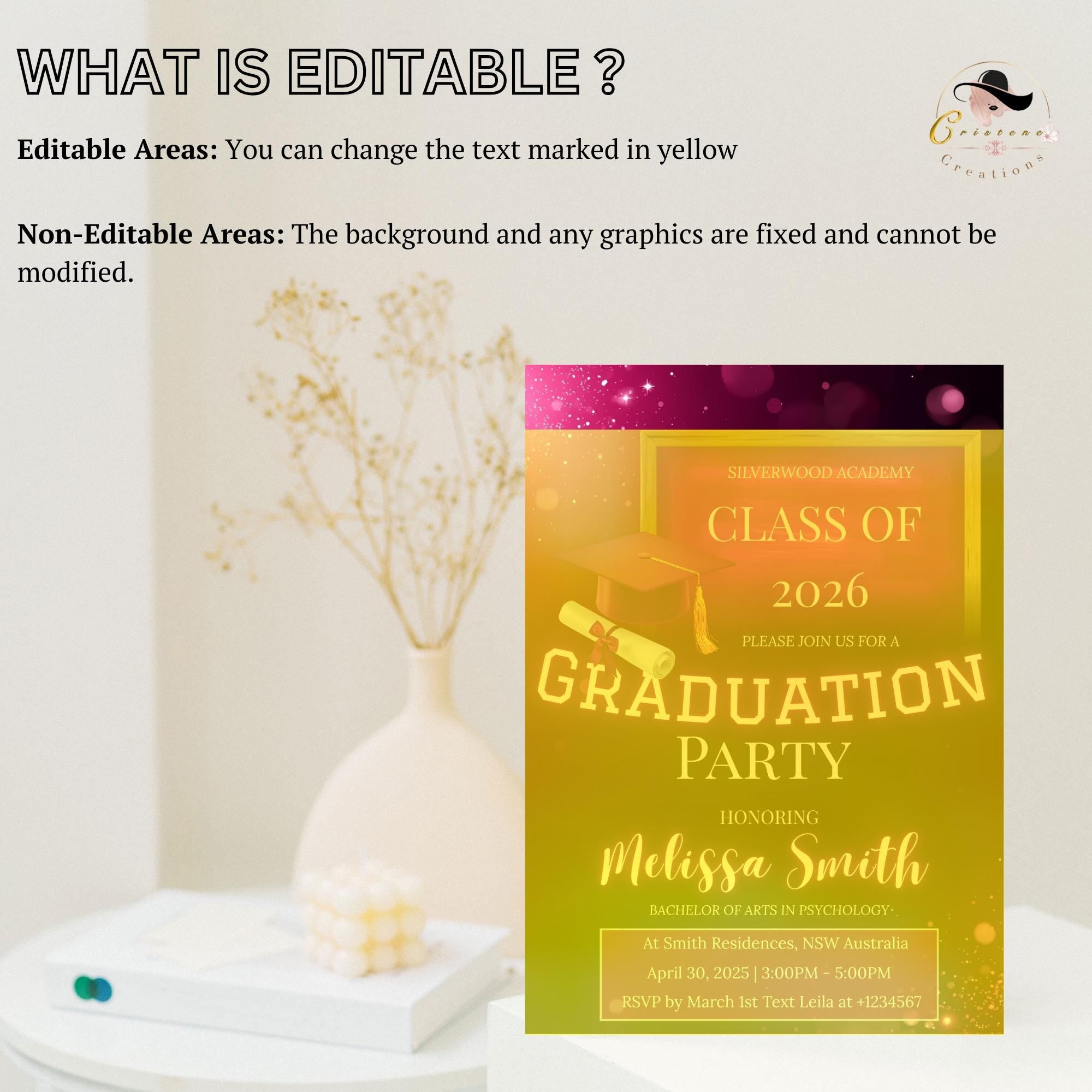 Digital Graduation Party Invitation Pink Black Class of 2026 Senior Graduation Dinner invite, Elegant College Graduate Announcement Template