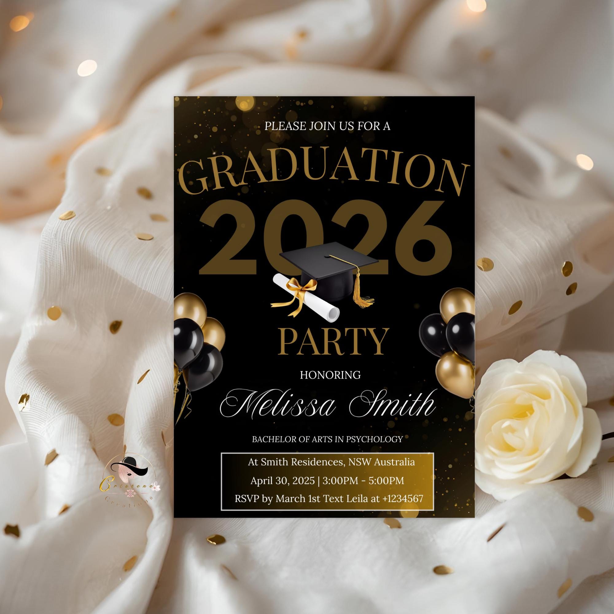 Black Gold Graduation Party Invitation, Class of 2026 Senior Graduation Dinner invite, Men and Woman College Graduate Announcement Template
