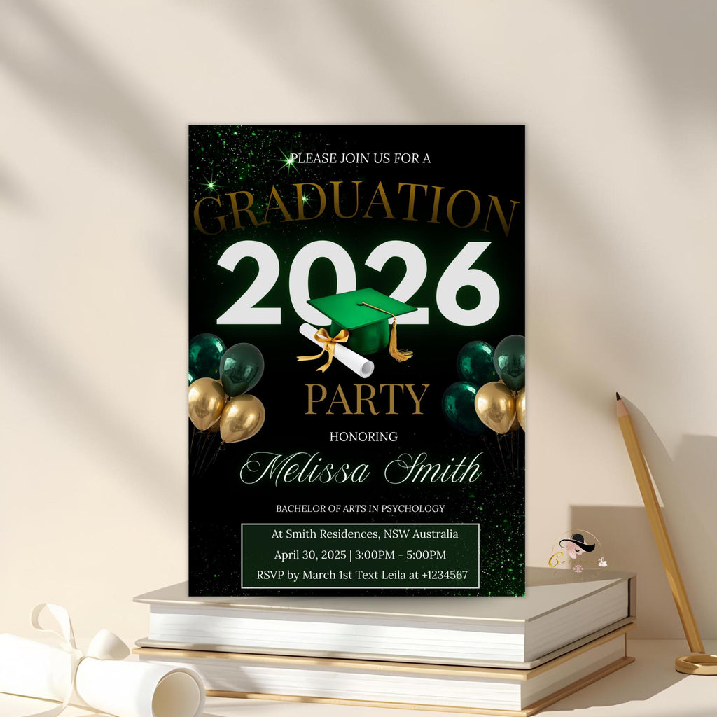 Graduation Announcement Invitation Green Black Class of 2026 Senior Grad Dinner invite, Men Woman  College Graduates Party Editable Template
