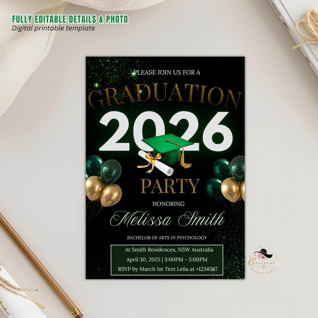 Graduation Announcement Invitation Green Black Class of 2026 Senior Grad Dinner invite, Men Woman  College Graduates Party Editable Template