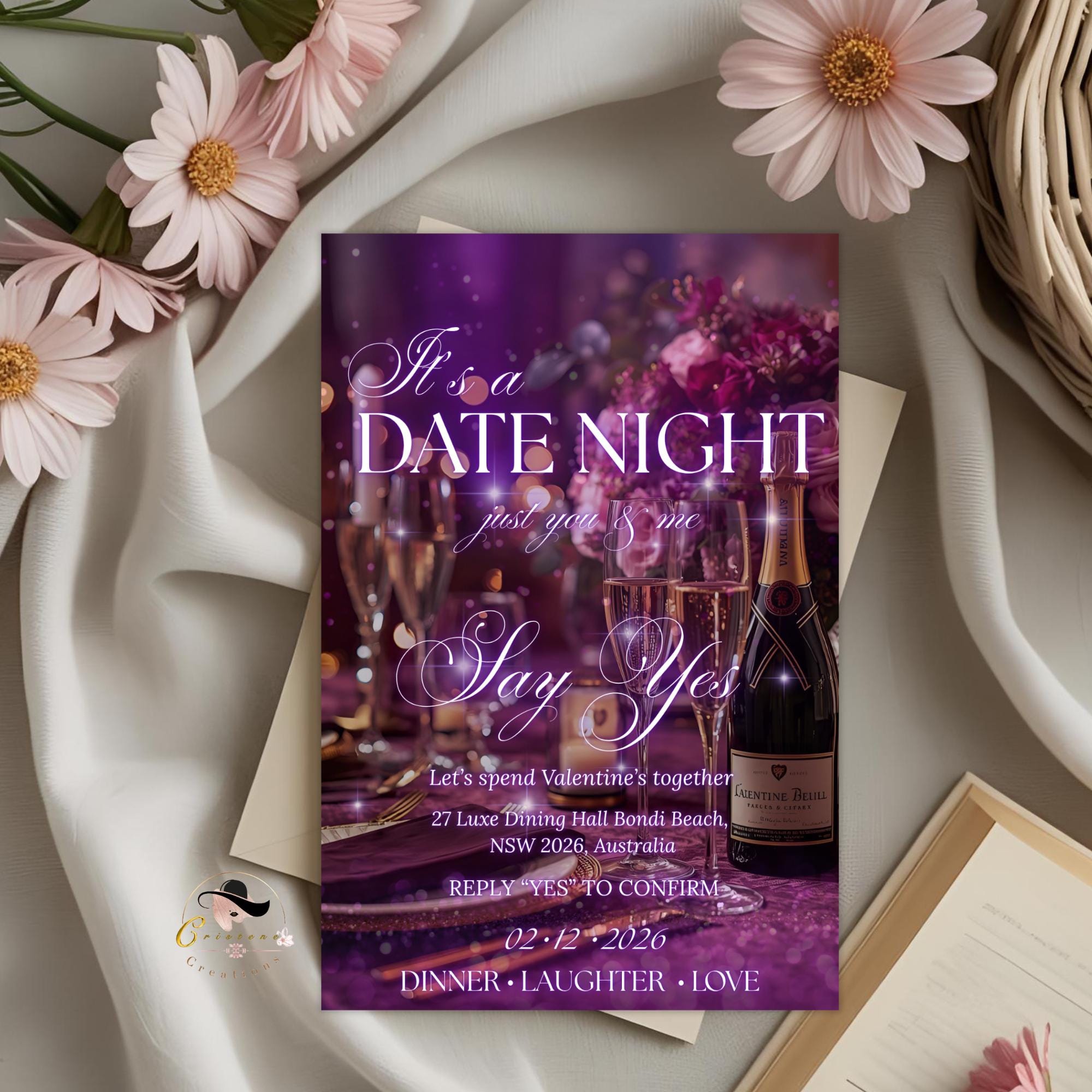 Date Night Invitation Couple Dinner Date Invite, Romantic Lovers Valentines Day Brunch, Purple Gold Couple Night Out Anniversary Template