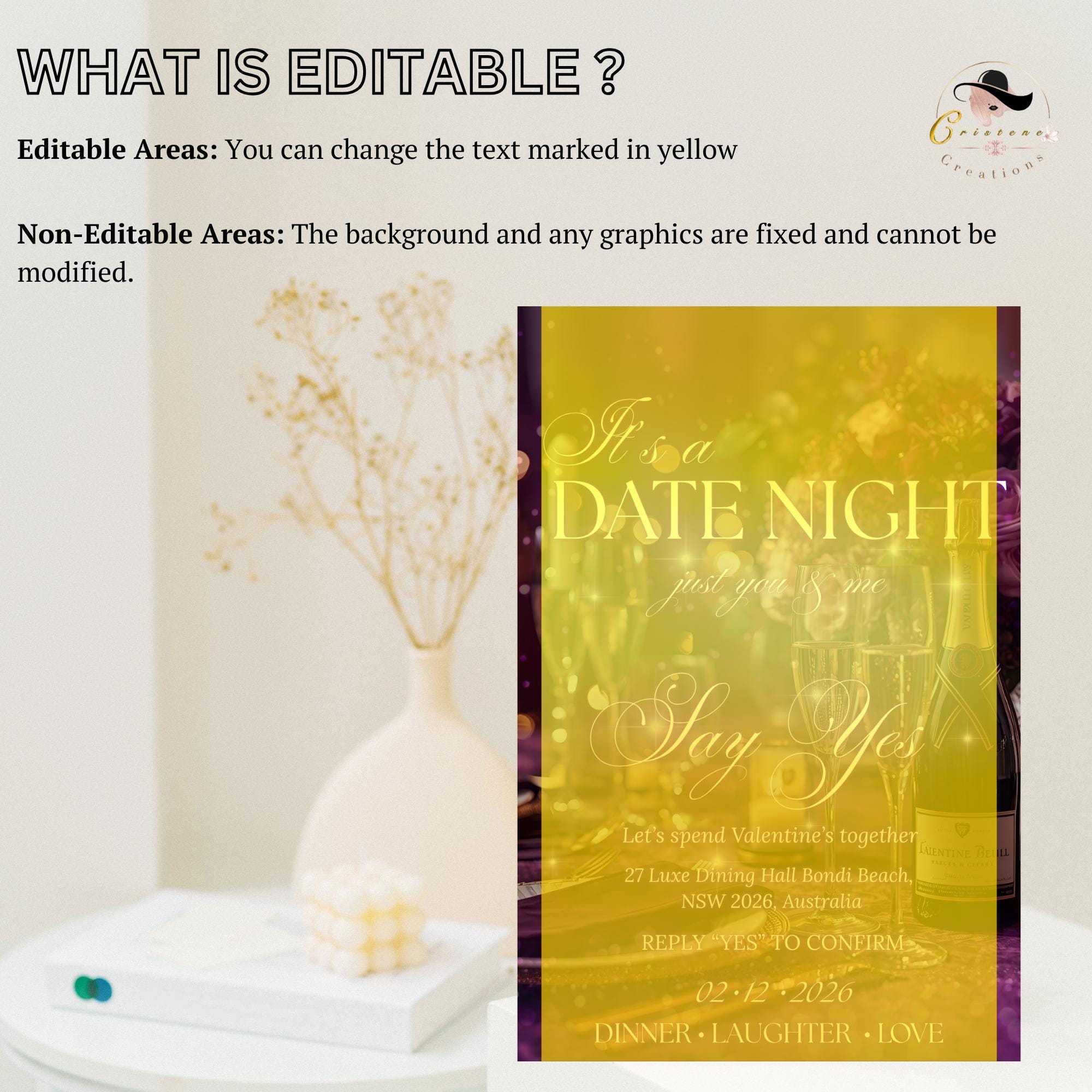 Date Night Invitation Couple Dinner Date Invite, Romantic Lovers Valentines Day Brunch, Purple Gold Couple Night Out Anniversary Template