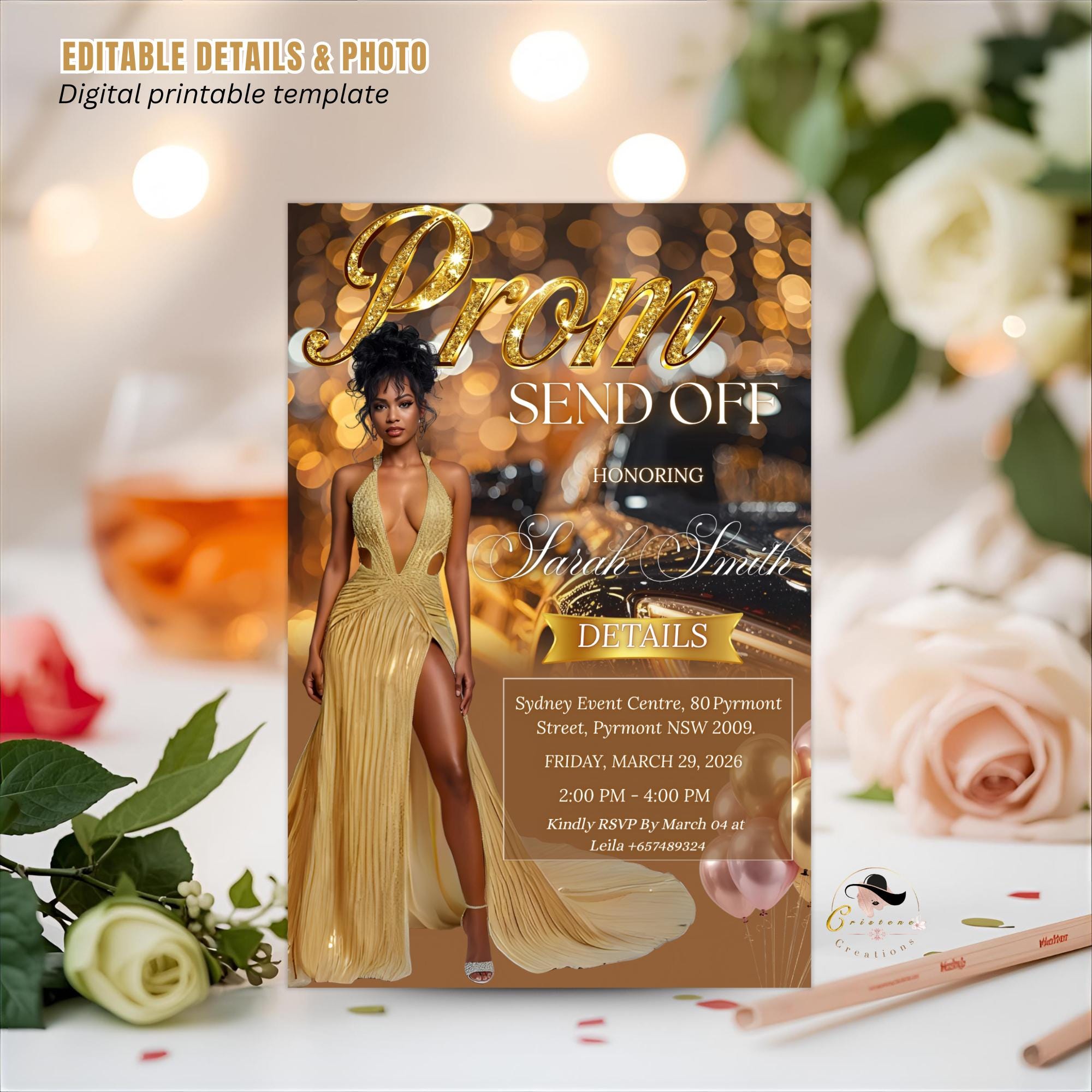 Digital Prom Send Off Party Invitation, Brown Gold Woman Prom Night with photo invite, Editable Senior Ball and Junior Prom Template, PRM02