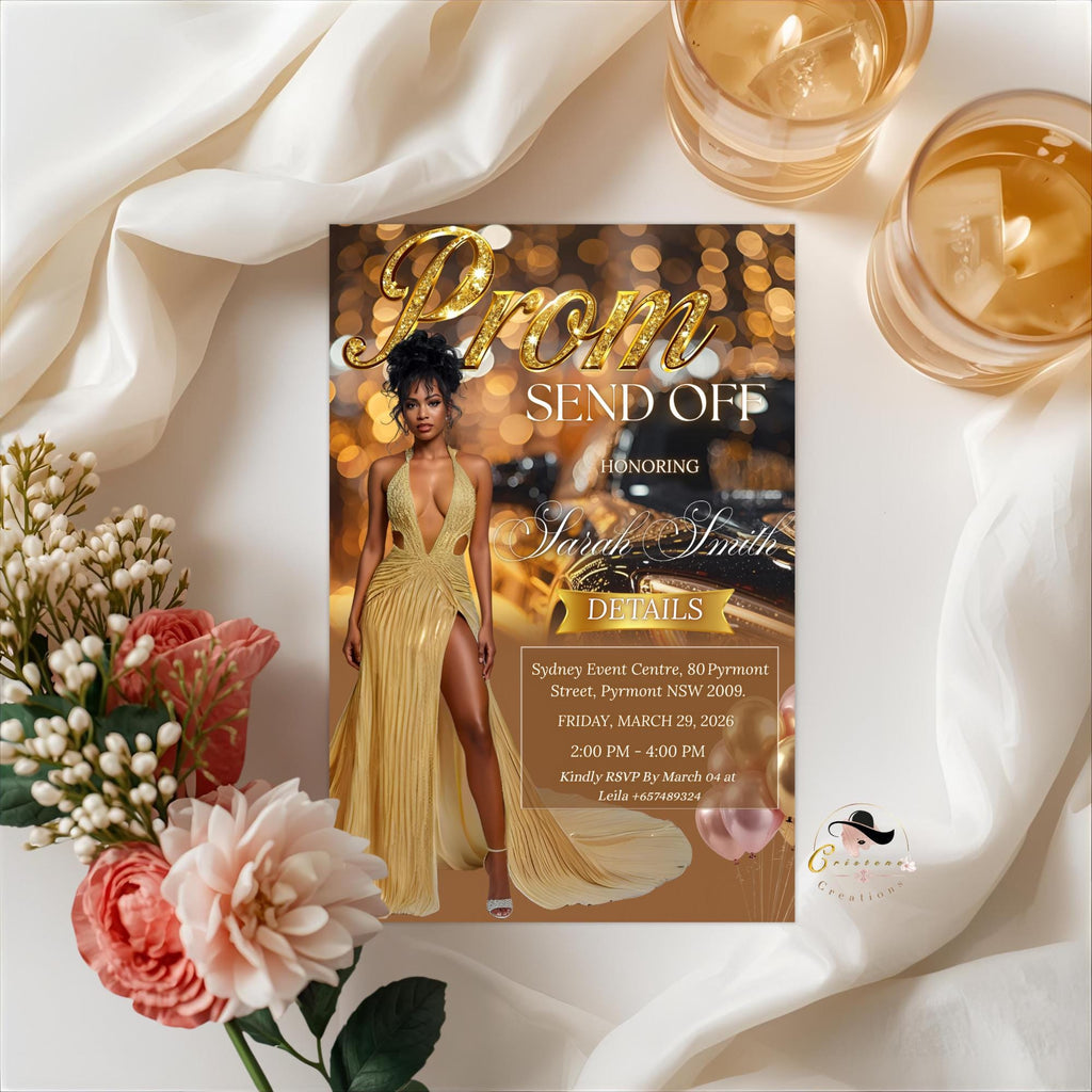 Digital Prom Send Off Party Invitation, Brown Gold Woman Prom Night with photo invite, Editable Senior Ball and Junior Prom Template, PRM02