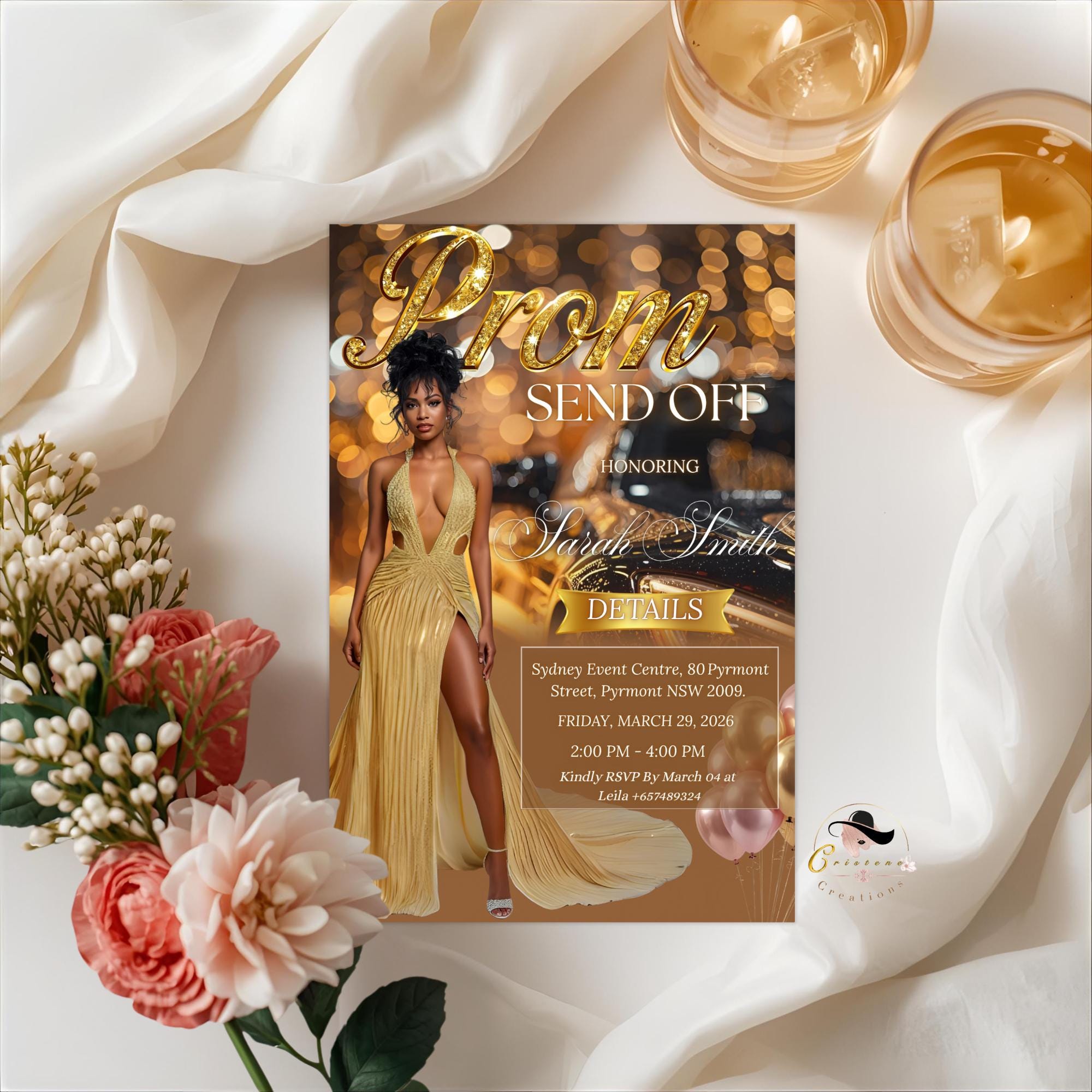 Digital Prom Send Off Party Invitation, Brown Gold Woman Prom Night with photo invite, Editable Senior Ball and Junior Prom Template, PRM02
