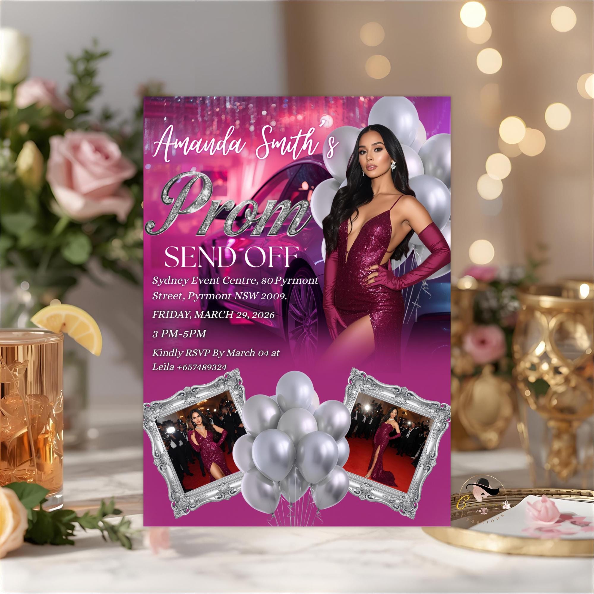 Digital Prom Send Off Party Invitation Purple Silver Woman Prom Night with photo invite, Elegant Senior Ball and Junior Prom Template, PRM08