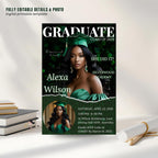 Green Graduation Party Announcement Invitation, Woman Senior Graduate Invite with photo, 2026 College Graduation Day Magazine Cover Template