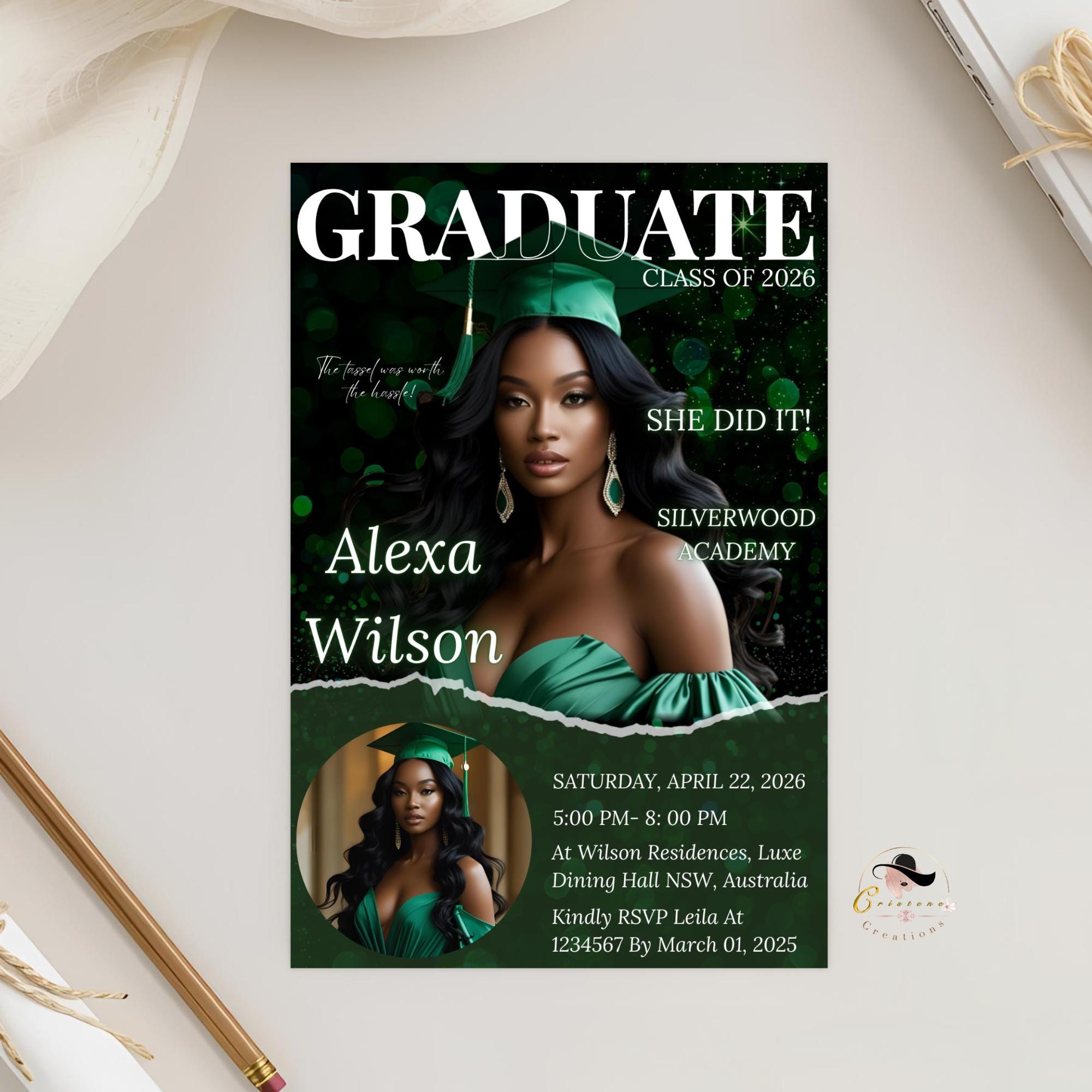Green Graduation Party Announcement Invitation, Woman Senior Graduate Invite with photo, 2026 College Graduation Day Magazine Cover Template