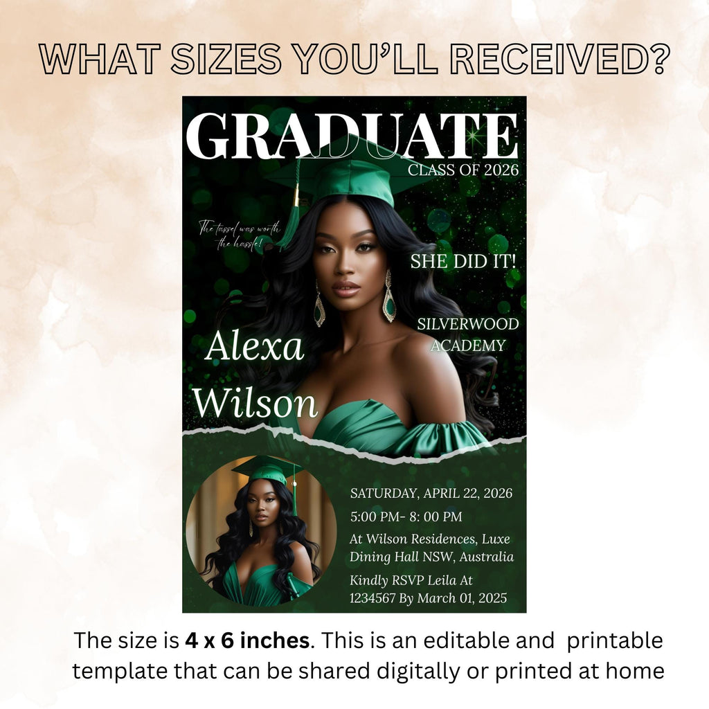 Green Graduation Party Announcement Invitation, Woman Senior Graduate Invite with photo, 2026 College Graduation Day Magazine Cover Template