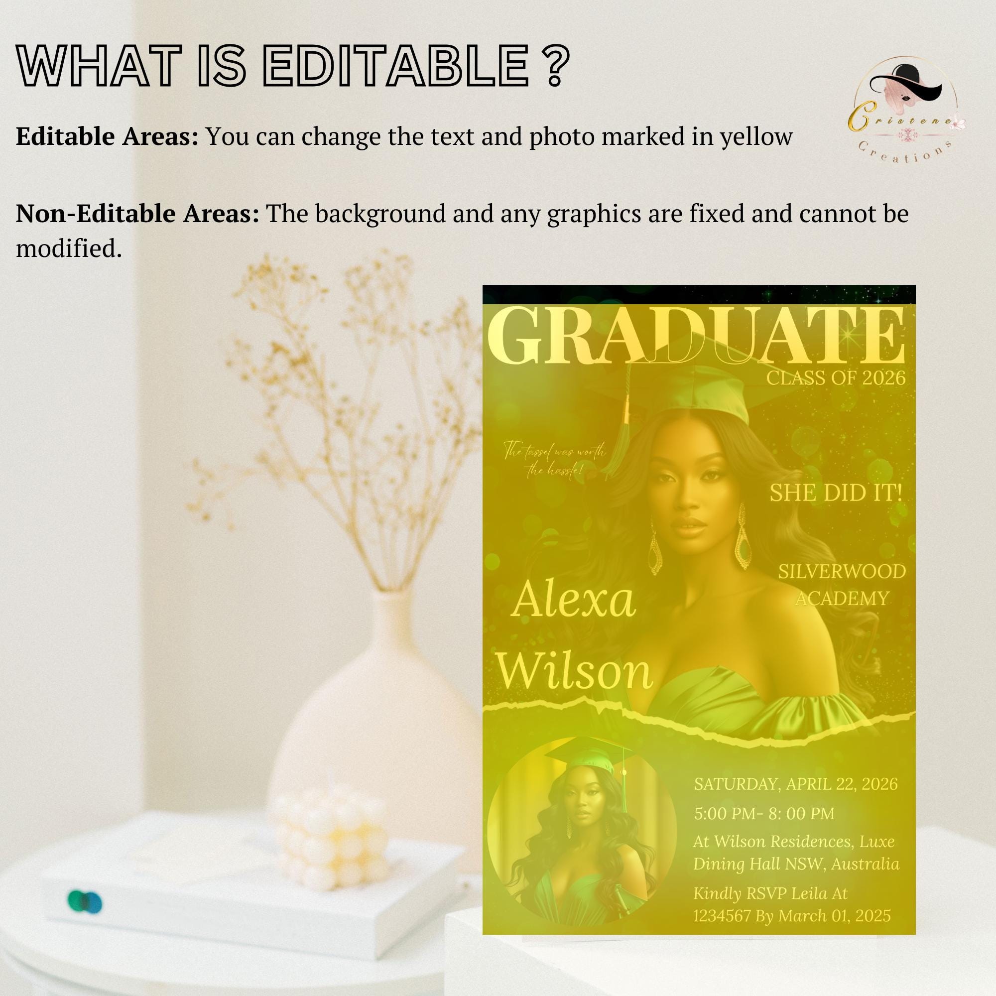 Green Graduation Party Announcement Invitation, Woman Senior Graduate Invite with photo, 2026 College Graduation Day Magazine Cover Template