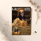 Black gold Graduation Announcement 2026 Invitation, Senior Graduation invite with photo Woman College Graduate Party Magazine Cover Template