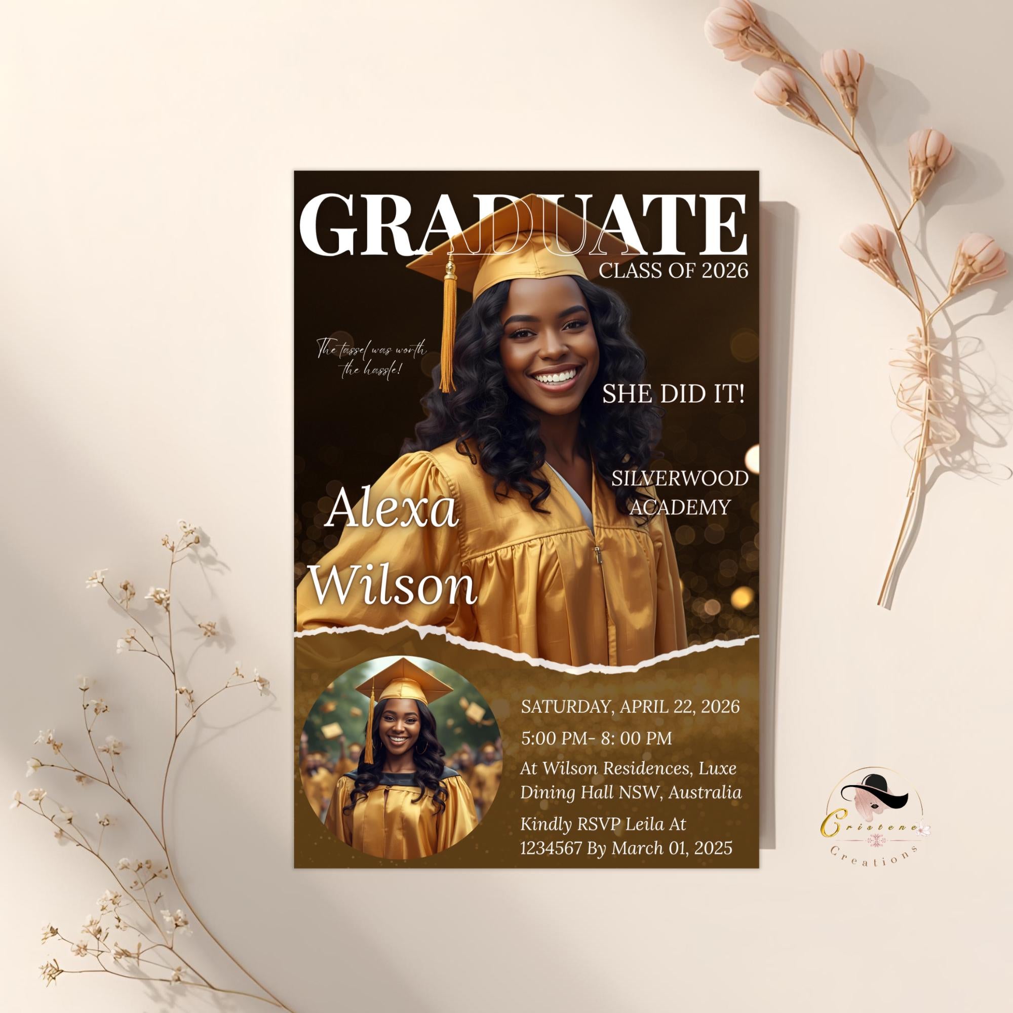 Black gold Graduation Announcement 2026 Invitation, Senior Graduation invite with photo Woman College Graduate Party Magazine Cover Template