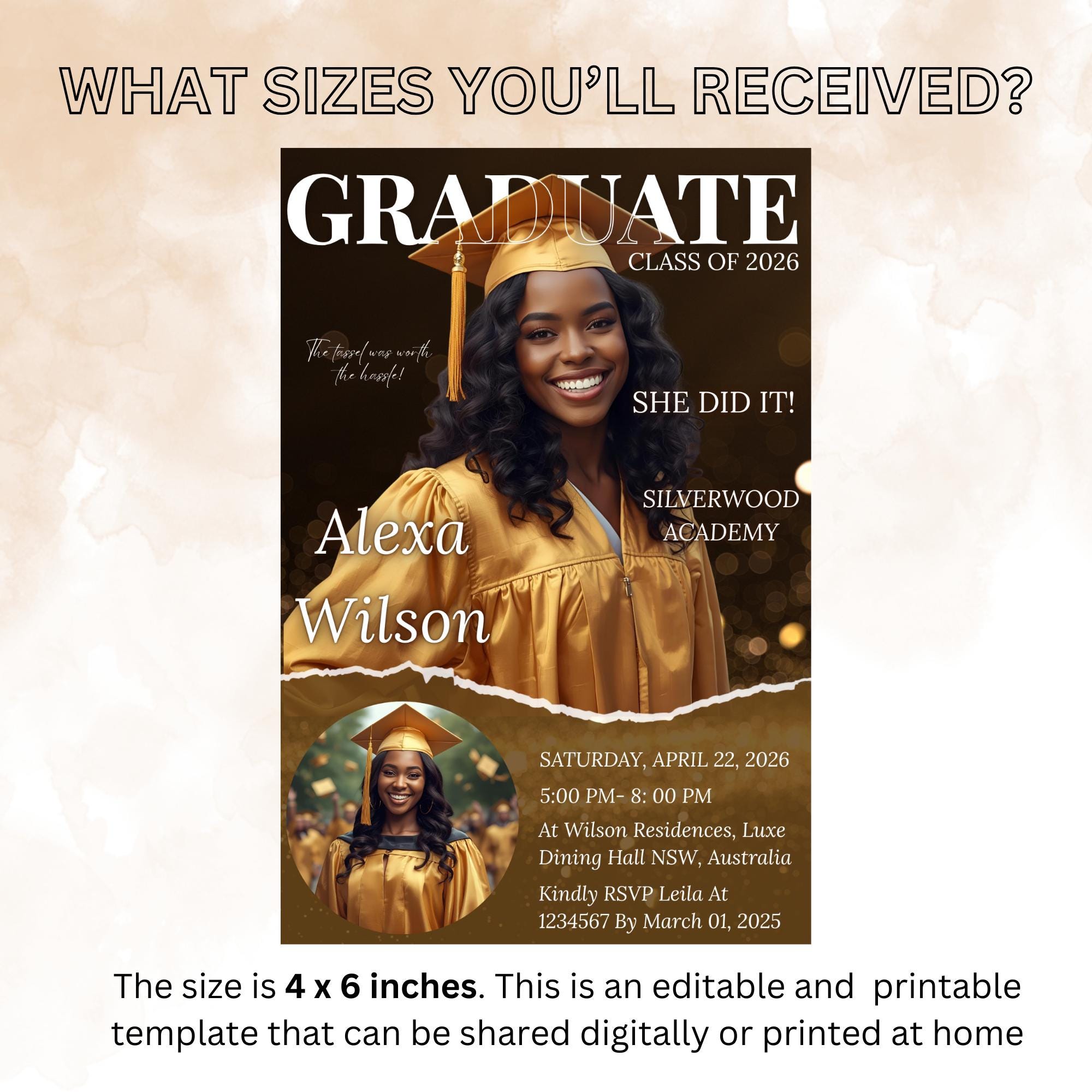Black gold Graduation Announcement 2026 Invitation, Senior Graduation invite with photo Woman College Graduate Party Magazine Cover Template