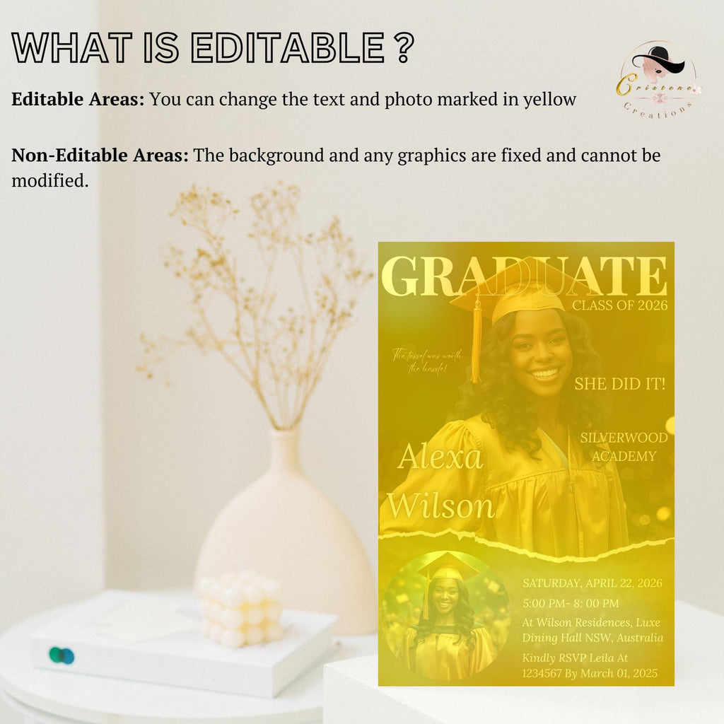 Black gold Graduation Announcement 2026 Invitation, Senior Graduation invite with photo Woman College Graduate Party Magazine Cover Template