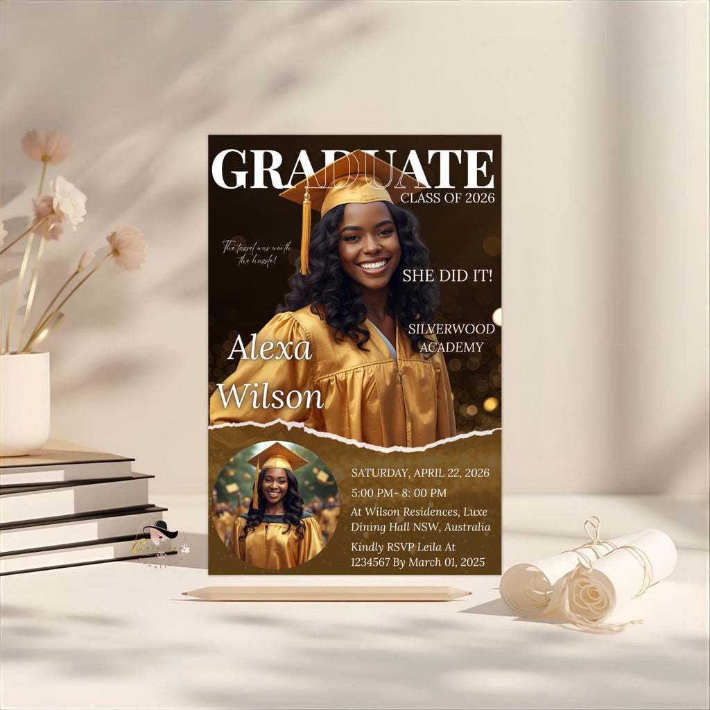 Black gold Graduation Announcement 2026 Invitation, Senior Graduation invite with photo Woman College Graduate Party Magazine Cover Template