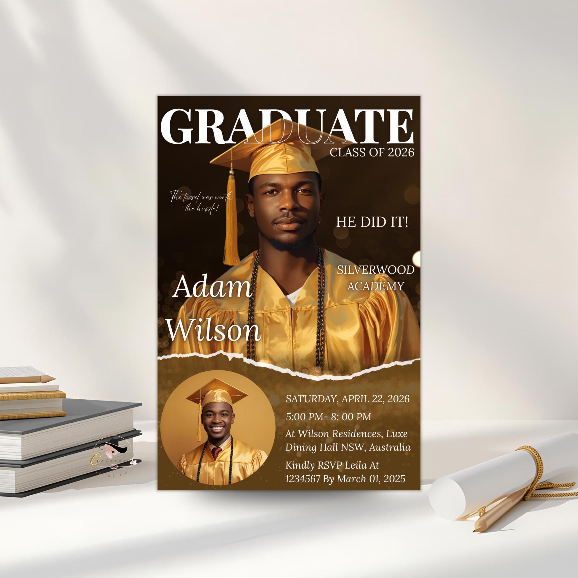 Men Graduation Announcement 2026 Invitation Black gold Senior Graduation Party Invite with photo, College Graduates Magazine Cover Template