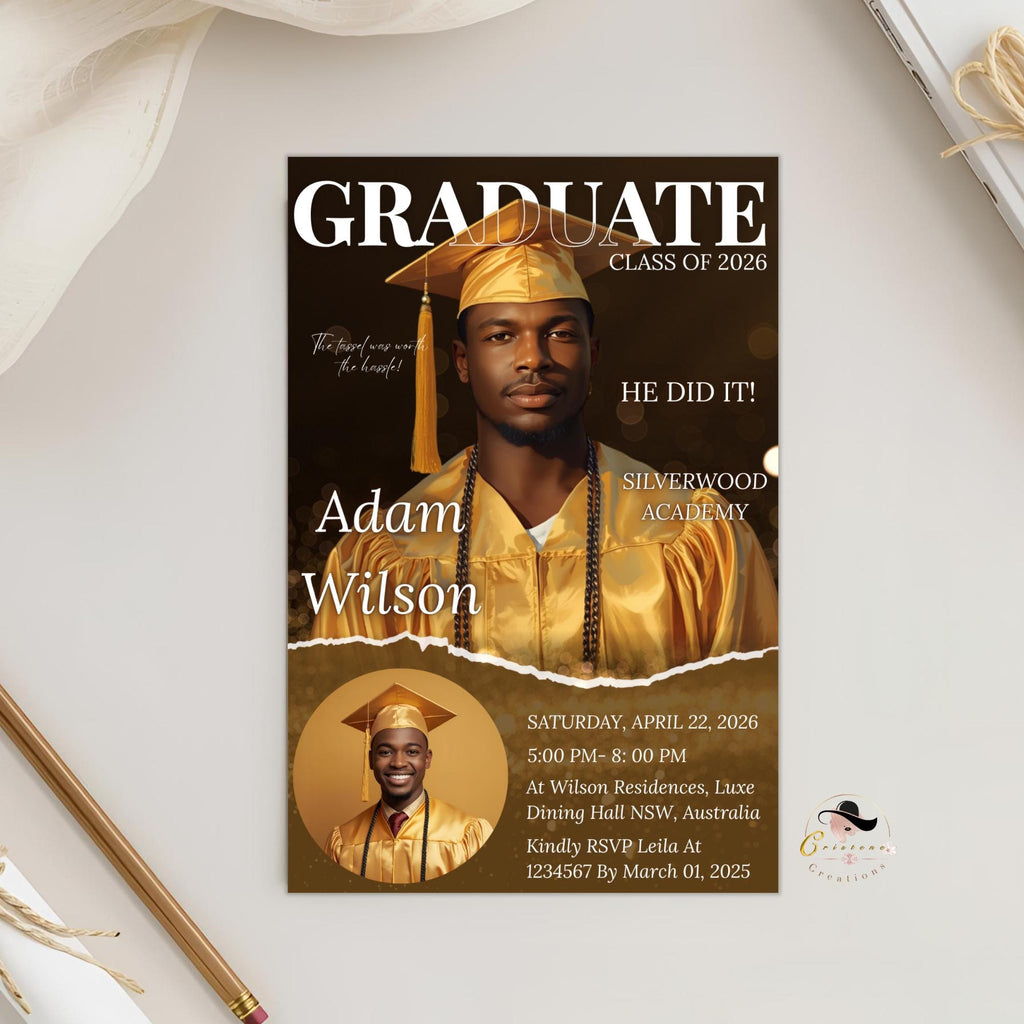 Men Graduation Announcement 2026 Invitation Black gold Senior Graduation Party Invite with photo, College Graduates Magazine Cover Template