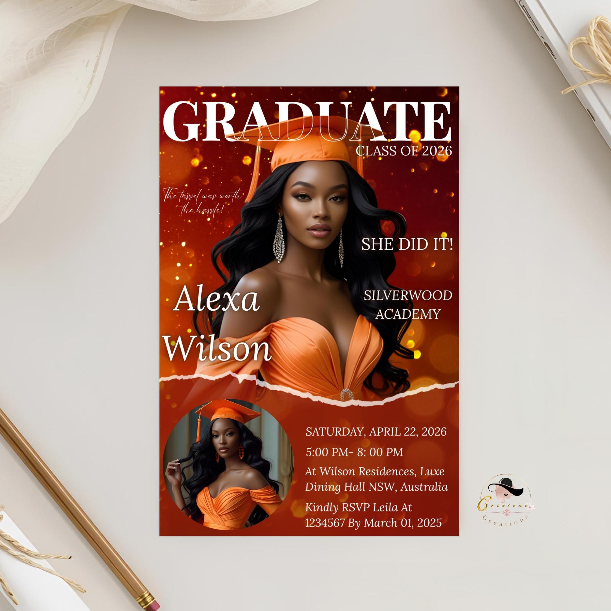 Graduation Announcement 2026 Invitation Orange Gold Senior Graduation invite with photo Woman College Graduate Party Magazine Cover Template