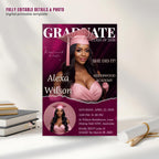 Graduation Announcement 2026 Invitation Pink Senior Graduation invite with photo, Glam Woman College Graduate Party Magazine Cover Template
