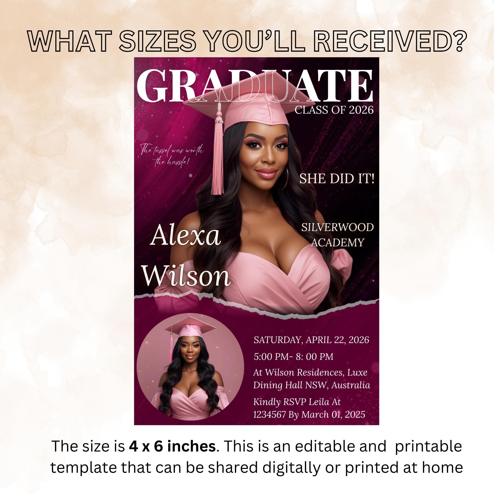 Graduation Announcement 2026 Invitation Pink Senior Graduation invite with photo, Glam Woman College Graduate Party Magazine Cover Template