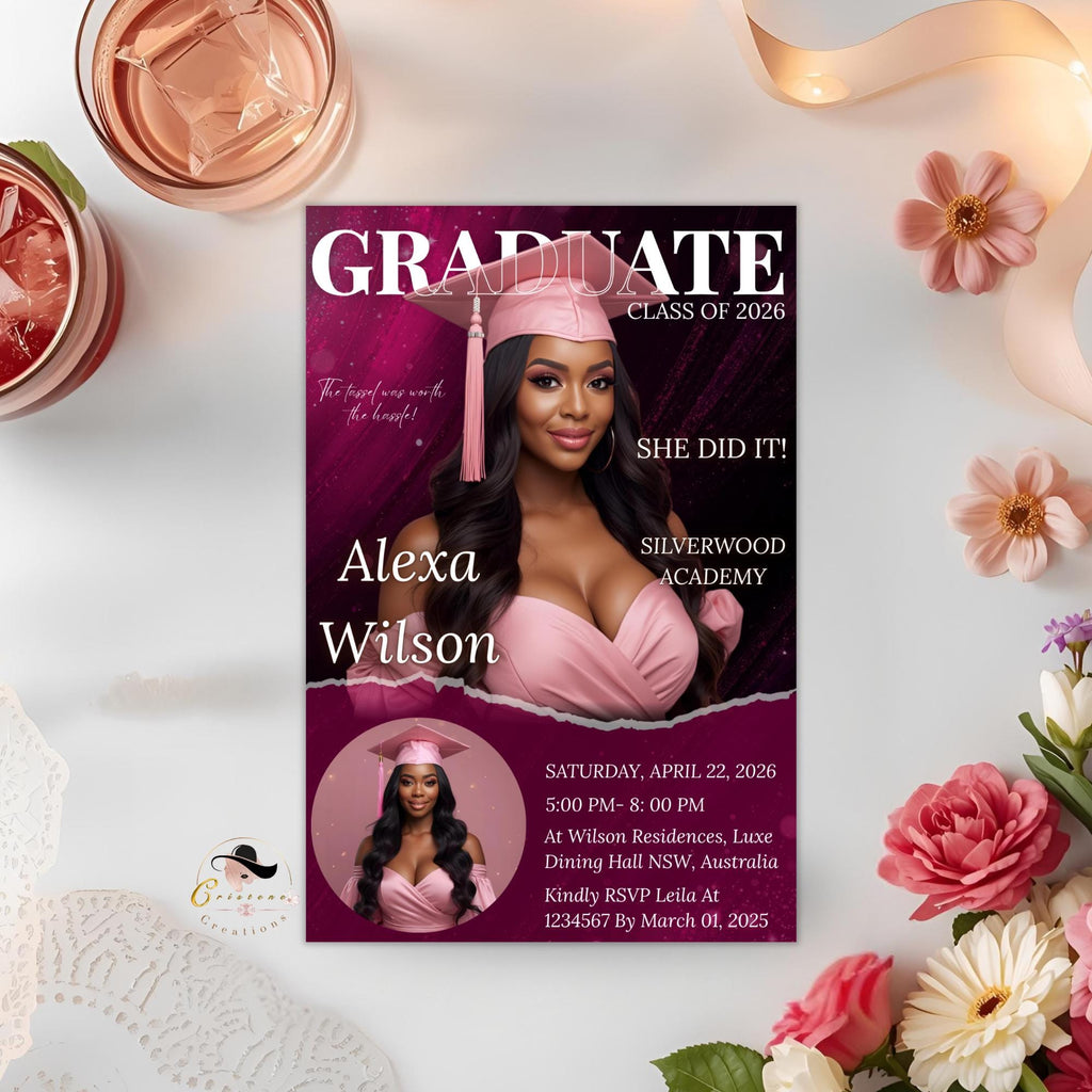 Graduation Announcement 2026 Invitation Pink Senior Graduation invite with photo, Glam Woman College Graduate Party Magazine Cover Template