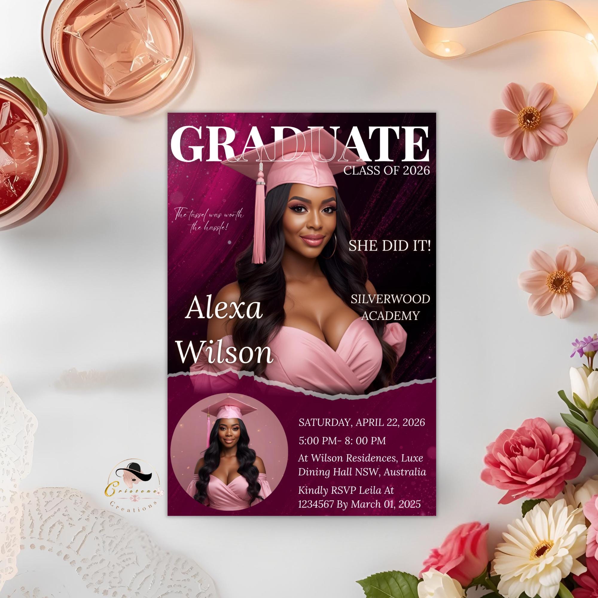 Graduation Announcement 2026 Invitation Pink Senior Graduation invite with photo, Glam Woman College Graduate Party Magazine Cover Template