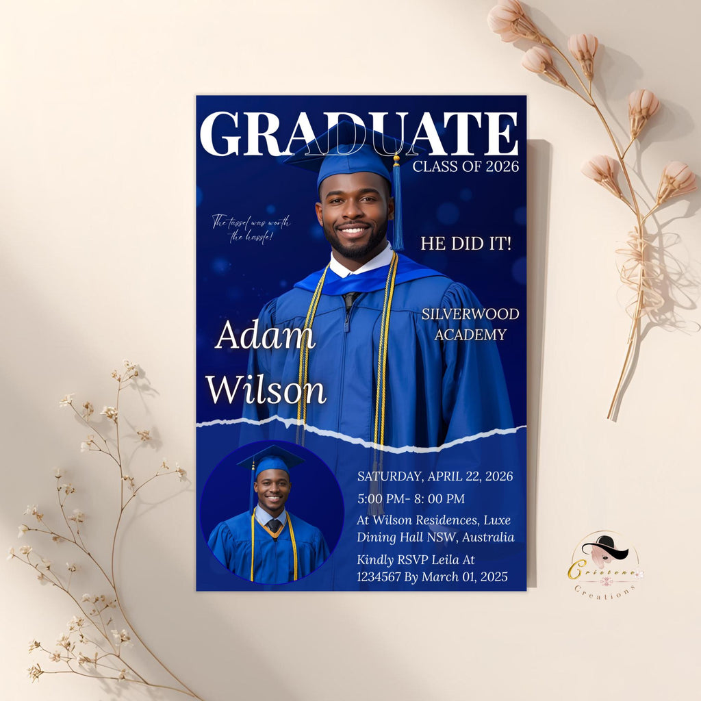 Men Graduation Announcement 2026 Invitation Blue Senior Graduation Party Invite with photo, Male College Graduates Magazine Cover Template
