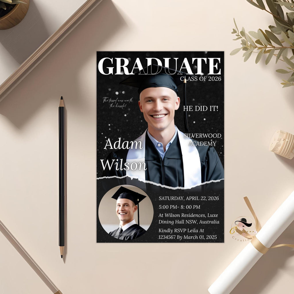 Digital Graduation Announcement 2026 Invitation Men Senior Graduation Party Invite with photo, Male College Graduate Magazine Cover Template