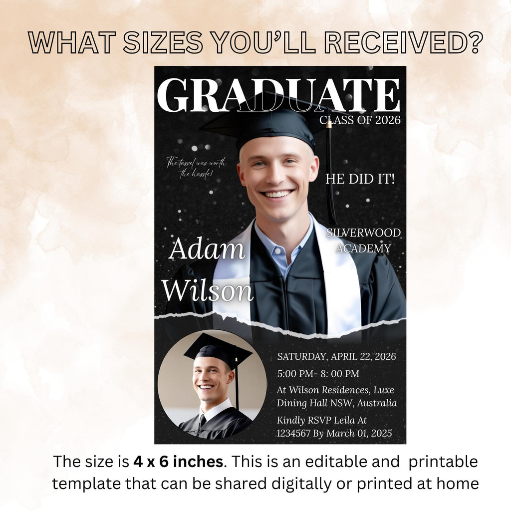 Digital Graduation Announcement 2026 Invitation Men Senior Graduation Party Invite with photo, Male College Graduate Magazine Cover Template