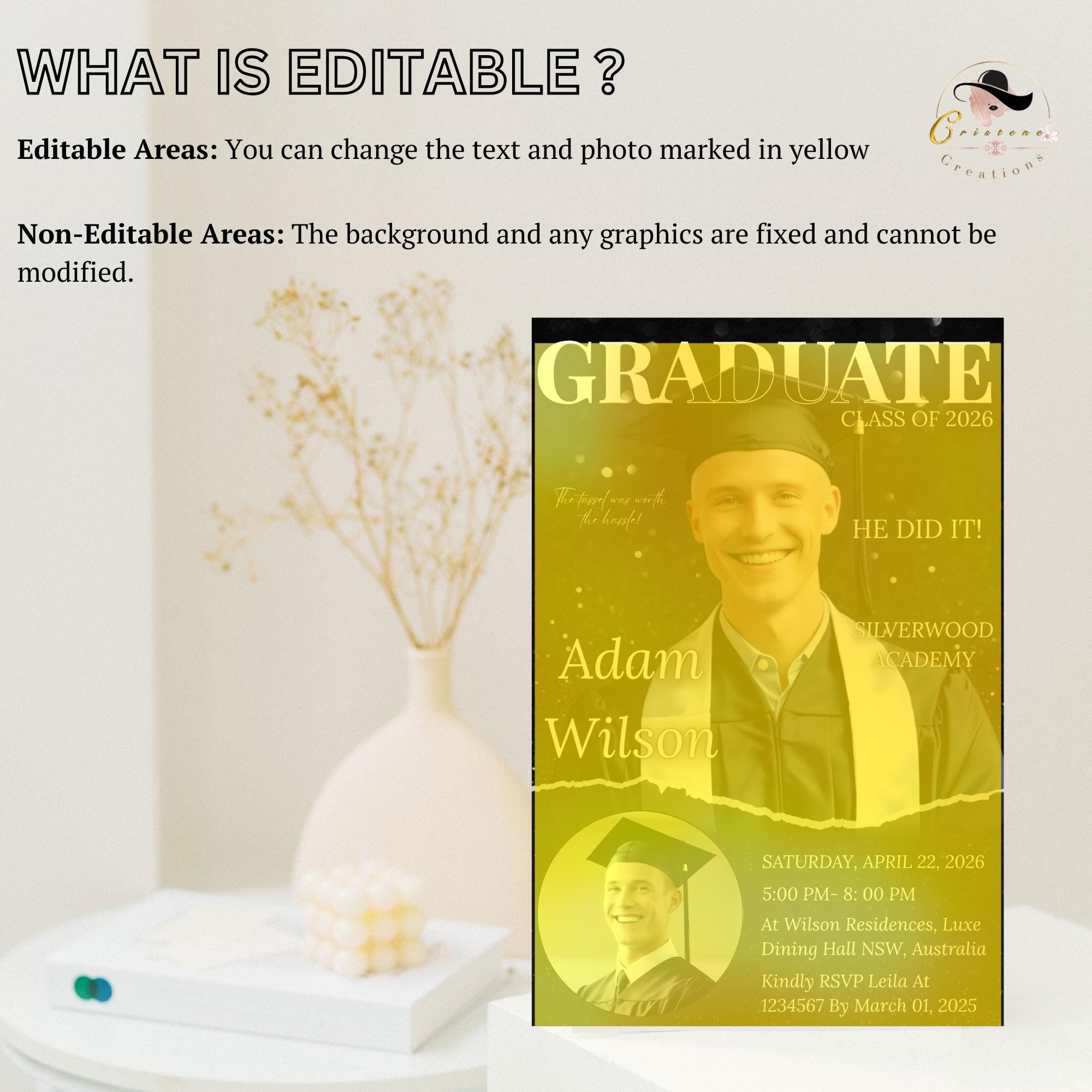 Digital Graduation Announcement 2026 Invitation Men Senior Graduation Party Invite with photo, Male College Graduate Magazine Cover Template