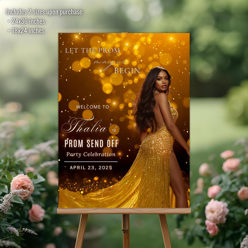 Prom Send Off Party Sign Black Gold Welcome Sign with photo, Junior and Senior Ball Poster Sign, Woman Birthday Dinner Sign Template, PRM06
