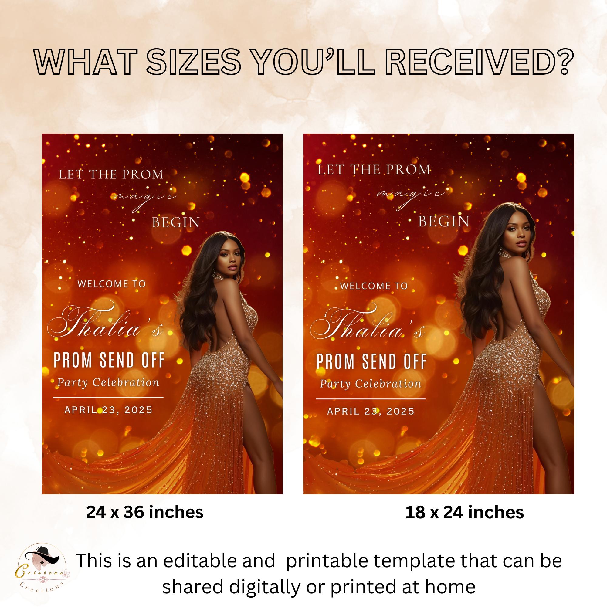 Prom Send Off Party Sign Orange Gold Welcome Sign with photo, Junior and Senior Ball Poster Sign, Woman Birthday Dinner Sign Template, PRM09