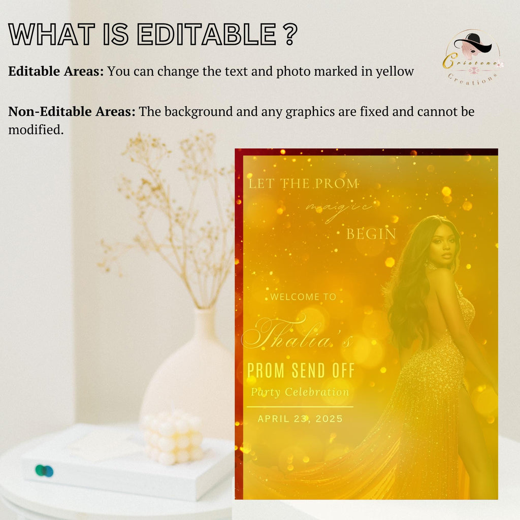 Prom Send Off Party Sign Orange Gold Welcome Sign with photo, Junior and Senior Ball Poster Sign, Woman Birthday Dinner Sign Template, PRM09