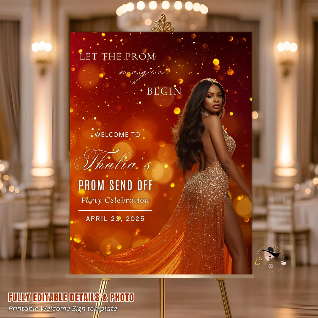 Prom Send Off Party Sign Orange Gold Welcome Sign with photo, Junior and Senior Ball Poster Sign, Woman Birthday Dinner Sign Template, PRM09