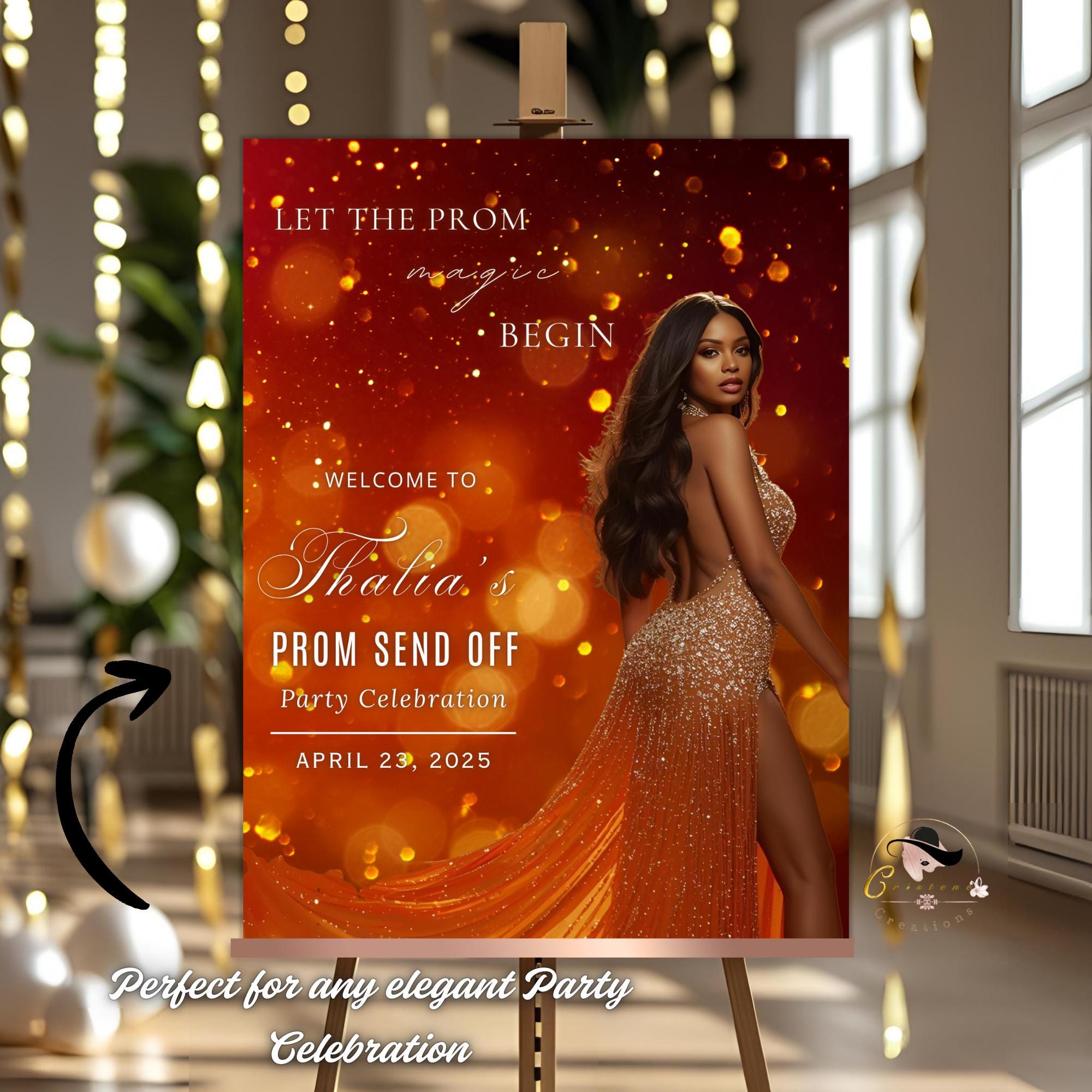 Prom Send Off Party Sign Orange Gold Welcome Sign with photo, Junior and Senior Ball Poster Sign, Woman Birthday Dinner Sign Template, PRM09