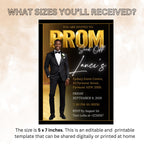 Prom Send Off Party Invitation, Black Gold Men Prom Night with photo invite, Editable Senior Ball and Junior Prom Hollywood Theme Template