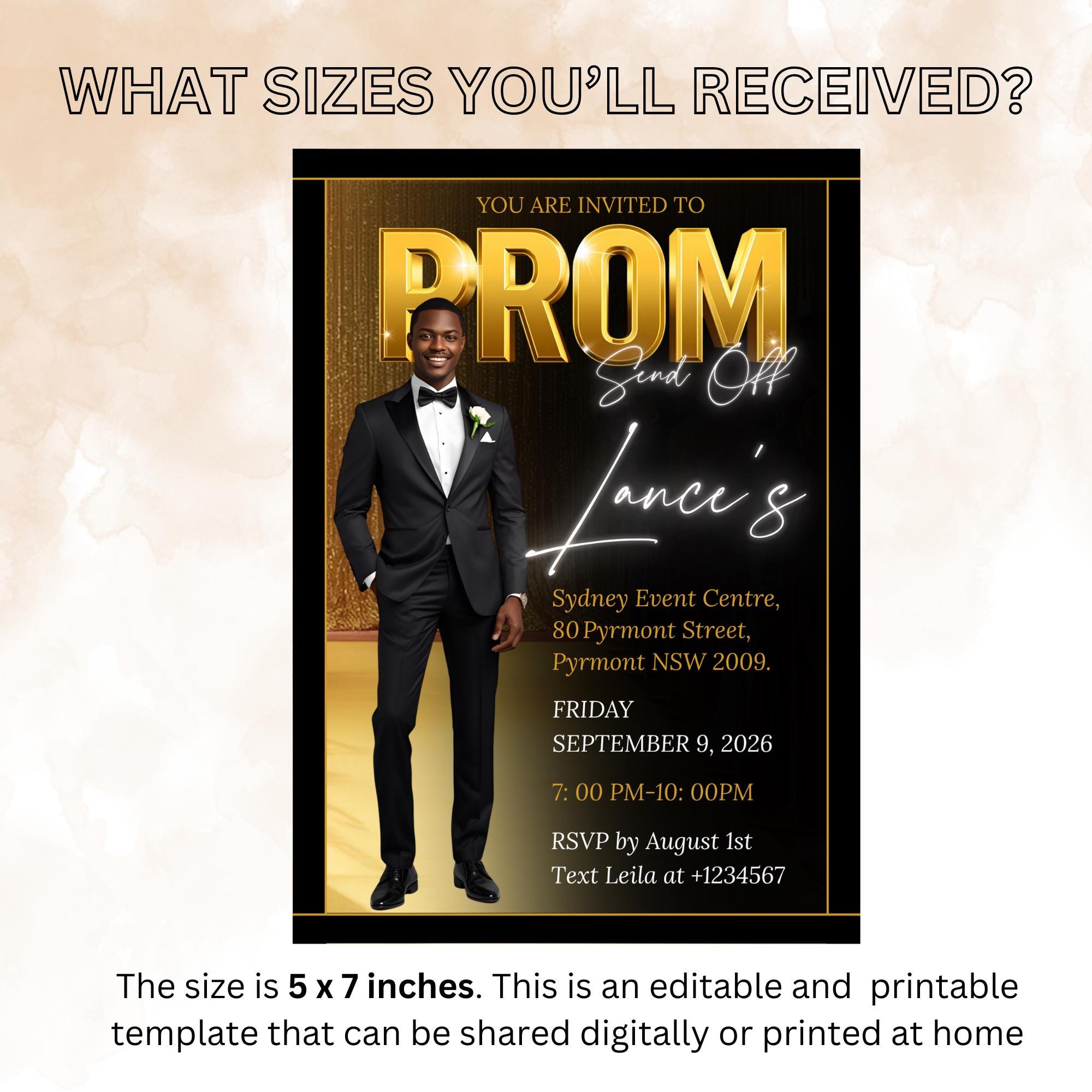 Prom Send Off Party Invitation, Black Gold Men Prom Night with photo invite, Editable Senior Ball and Junior Prom Hollywood Theme Template