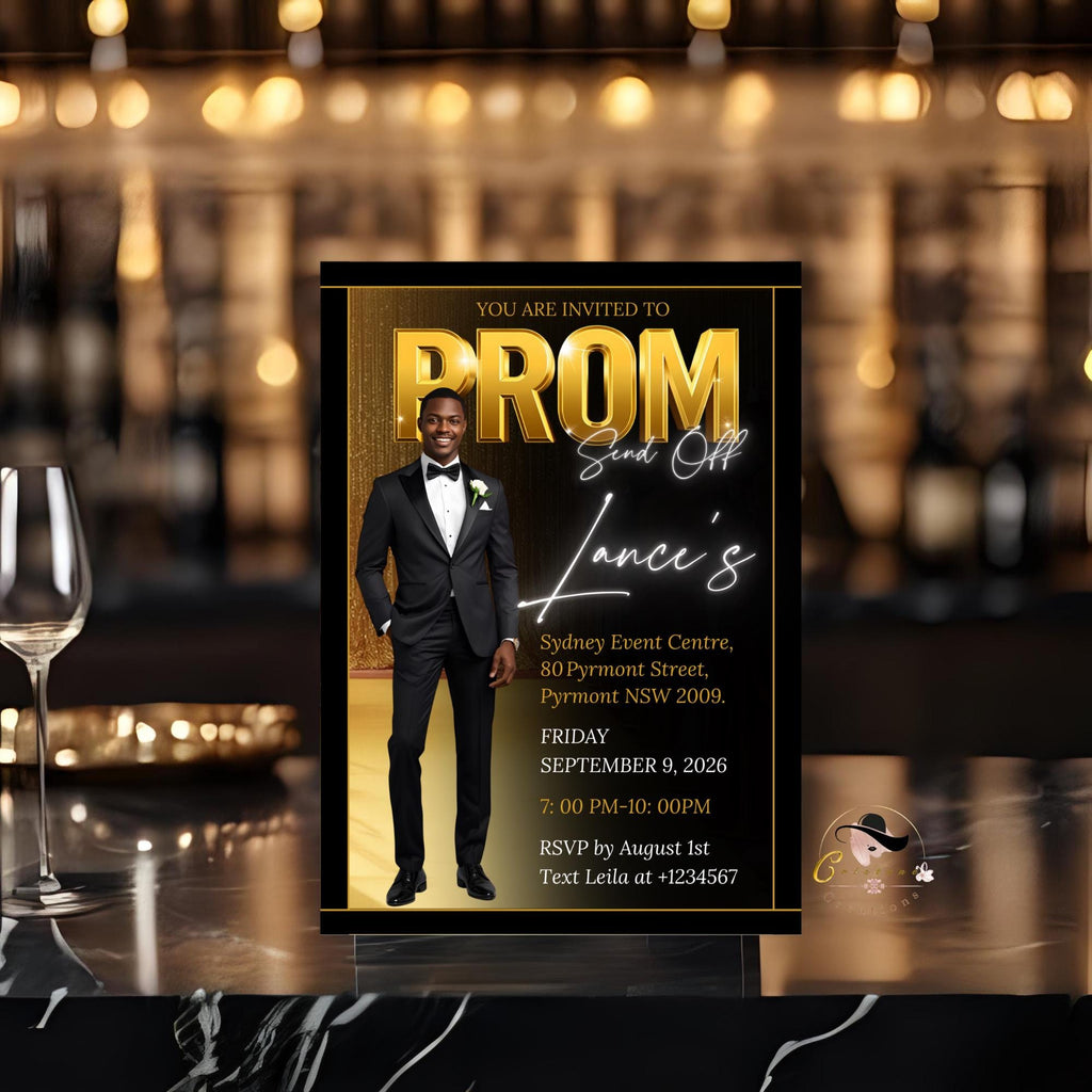 Prom Send Off Party Invitation, Black Gold Men Prom Night with photo invite, Editable Senior Ball and Junior Prom Hollywood Theme Template