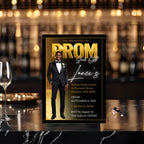 Prom Send Off Party Invitation, Black Gold Men Prom Night with photo invite, Editable Senior Ball and Junior Prom Hollywood Theme Template