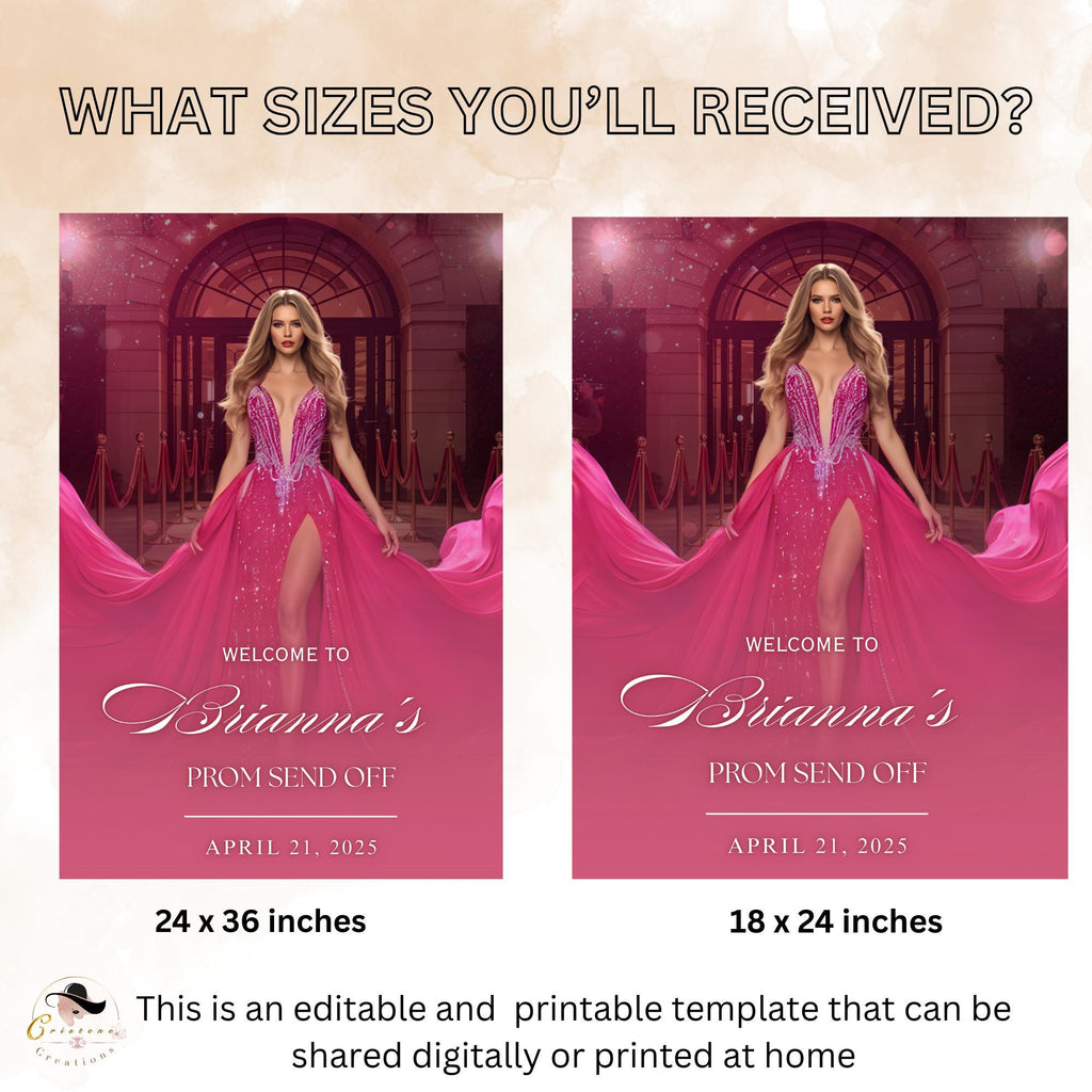 Prom Send Off Party Sign Pink Welcome Sign with photo, Junior and Senior Ball Poster Sign, Red Carpet Hollywood Theme Sign Template, PRM03