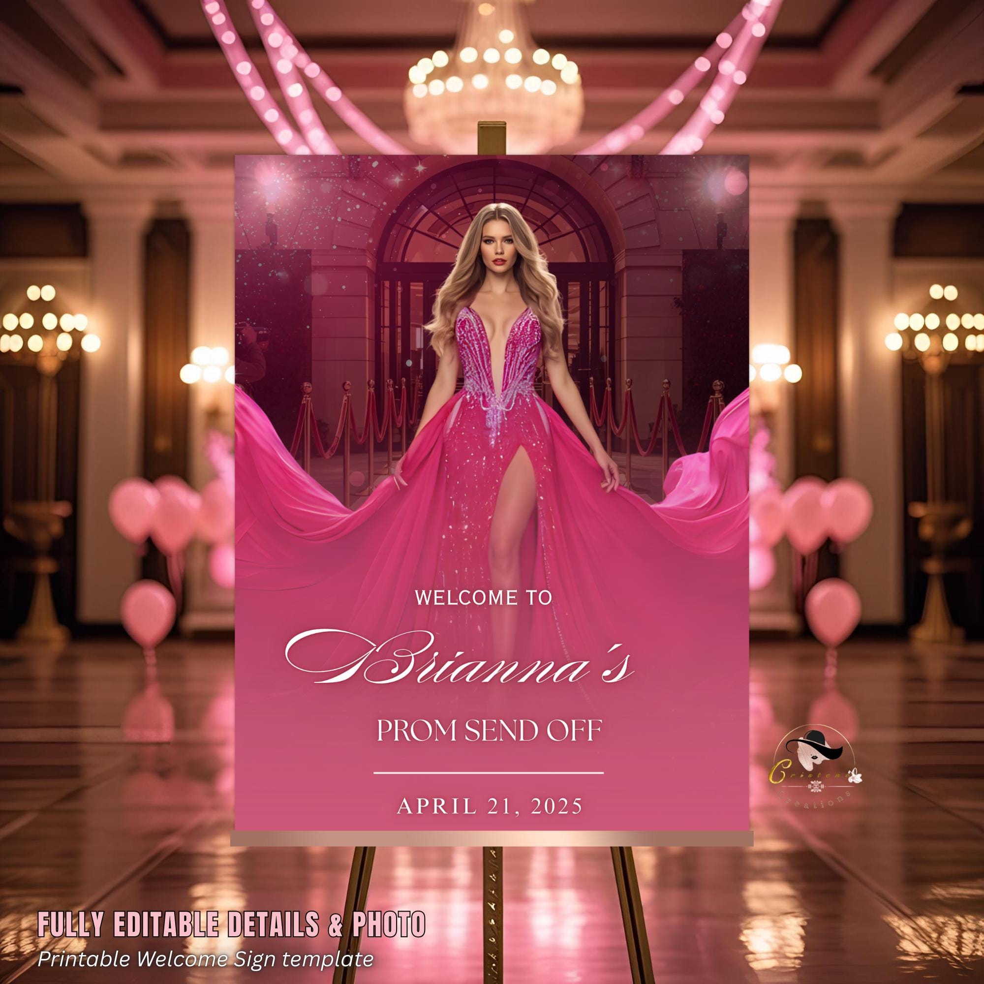 Prom Send Off Party Sign Pink Welcome Sign with photo, Junior and Senior Ball Poster Sign, Red Carpet Hollywood Theme Sign Template, PRM03