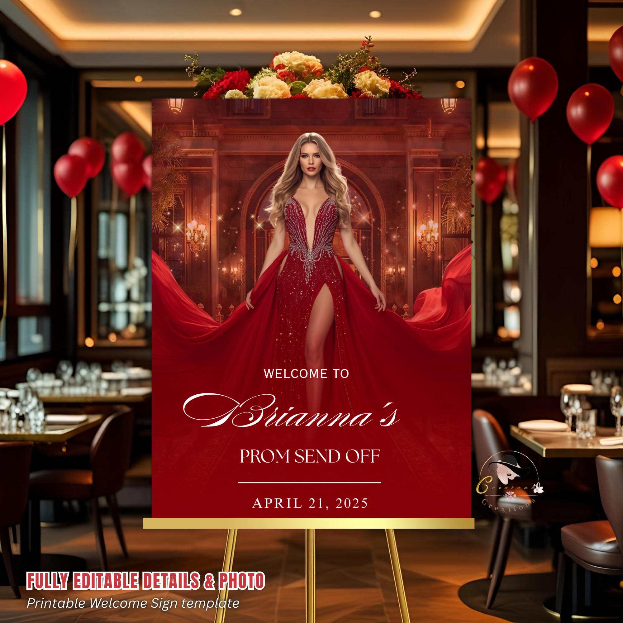 Prom Send Off Party Welcome Sign with photo, Woman Junior and Senior Ball Poster Sign Elegant Red Carpet Hollywood Theme Sign Template PRM01