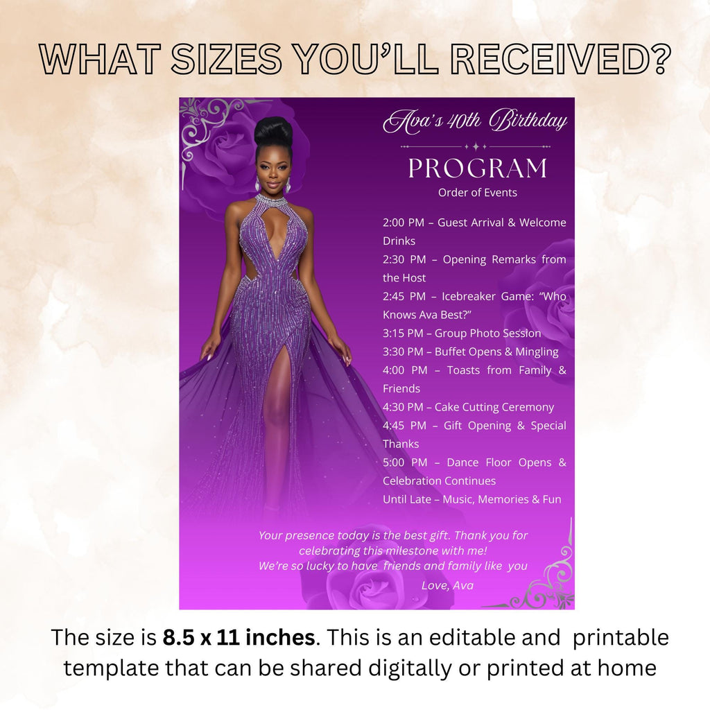 Purple Program Card Template with photo, Birthday Party Program Schedule Editable Order of Events Printable Woman Retirement Event Programme