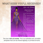 Purple Program Card Template with photo, Birthday Party Program Schedule Editable Order of Events Printable Woman Retirement Event Programme