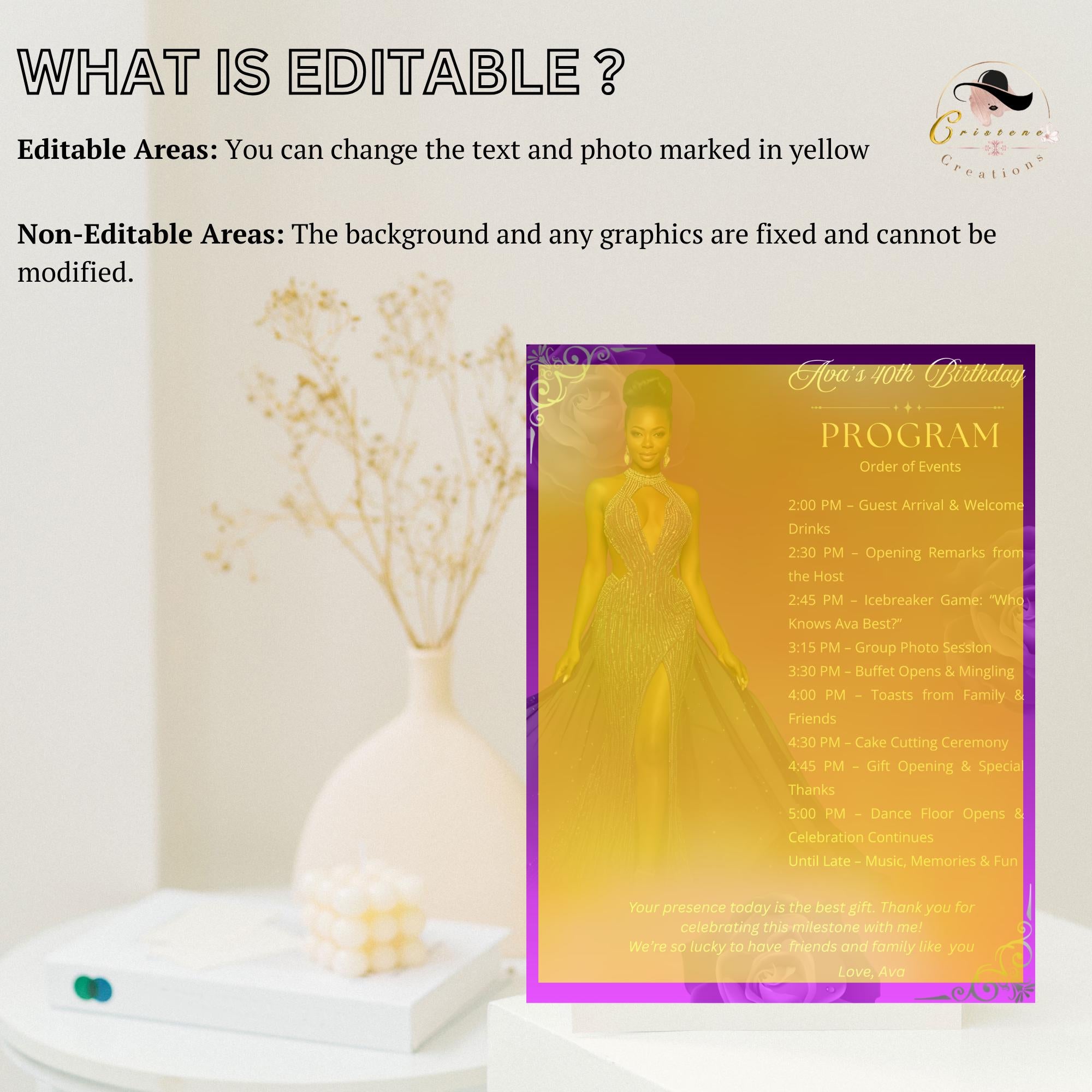 Purple Program Card Template with photo, Birthday Party Program Schedule Editable Order of Events Printable Woman Retirement Event Programme