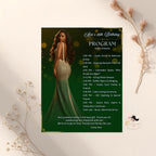 Birthday Program Card Template with photo, Woman Retirement Party Program Schedule, Editable Order of Events, Printable Green Gold Programme