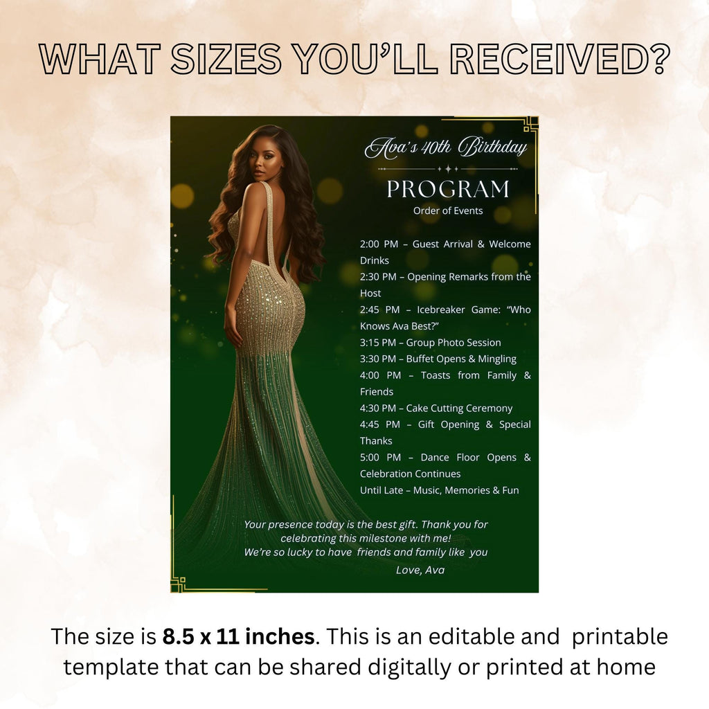 Birthday Program Card Template with photo, Woman Retirement Party Program Schedule, Editable Order of Events, Printable Green Gold Programme
